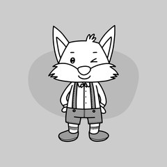 dog doodle, elegant fox line drawing, cute animal vector illustration, grayscale, fox cartoon