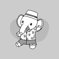 elephant doodle, summer elephant, cute animal vector illustration, grayscale, cartoon, mammal