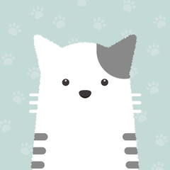 cute flat white gray cat portrait with cat's paws pattern on green background