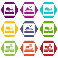 Sale cash register icon set color hexahedron