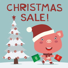 Fototapeta na wymiar Christmas sale! Funny pig skating with packages shopping discounts. Christmas sale banner with pig in hat in cartoon style.