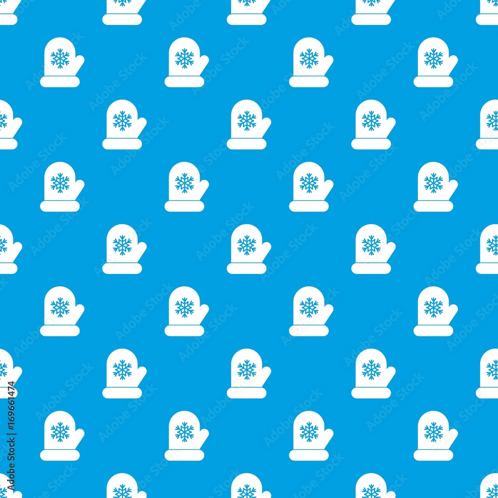 Poster mitten with white snowflake pattern seamless blue