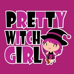 Cute pretty witch girl vector cartoon illustration for halloween card design, wallpaper and kid t-shirt design
