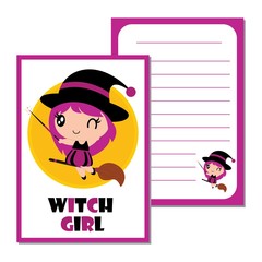 Cute witch girl with magical broom vector cartoon illustration for halloween paper design, notebook paper and kid stationery paper design