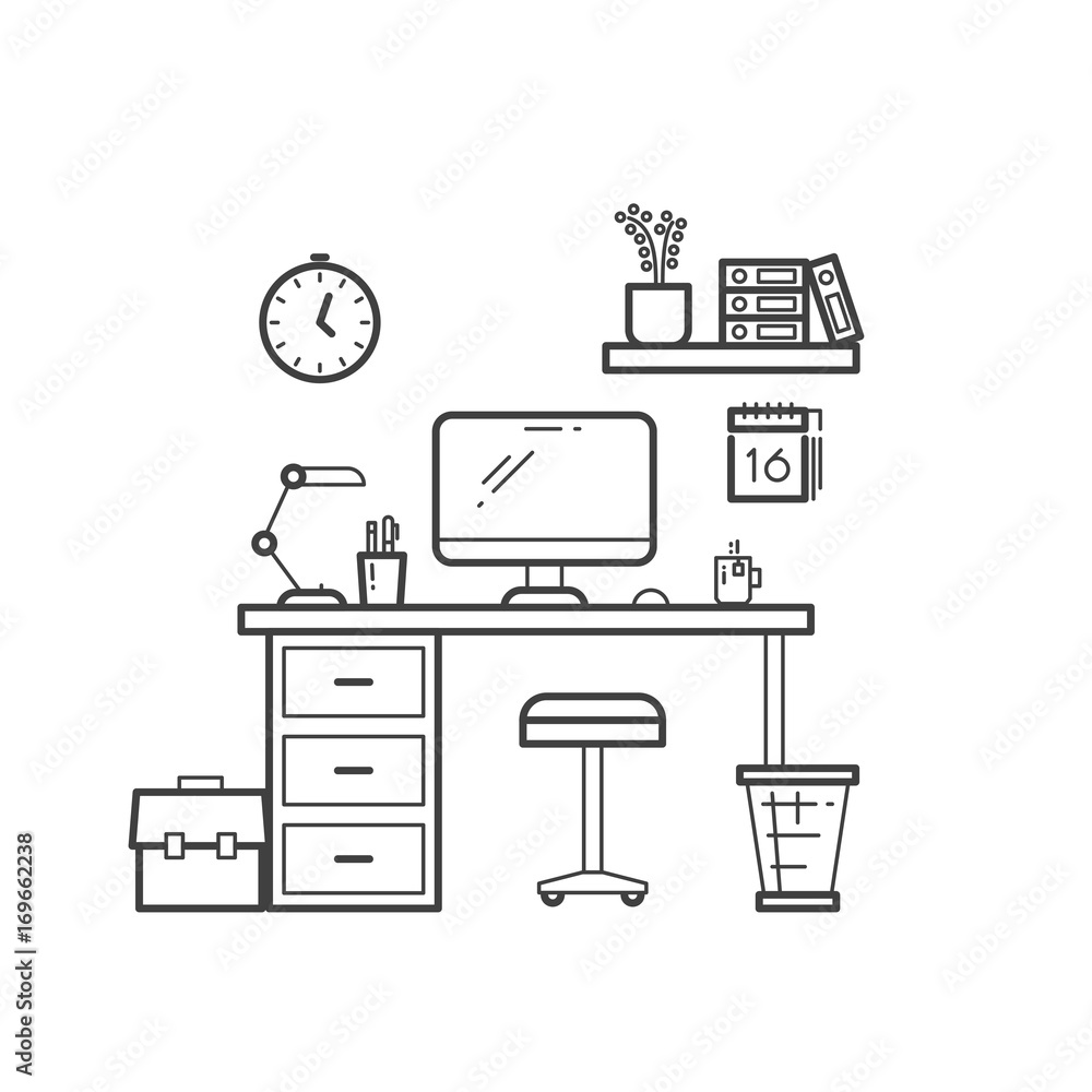 Poster workspace line concept - outline workplace with computer on white background