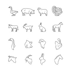 Farm birds and animal line icon - full and heads of animals