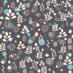 Seamless pattern with light silhouettes of flowers and plants on dark background.
