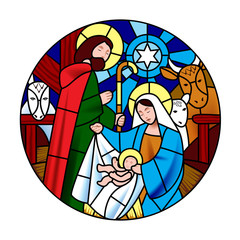 Circle shape with the birth of Jesus Christ scene in stained glass style
