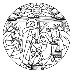 Naklejka premium Linear drawing of Birth of Jesus Christ scene in circle shape