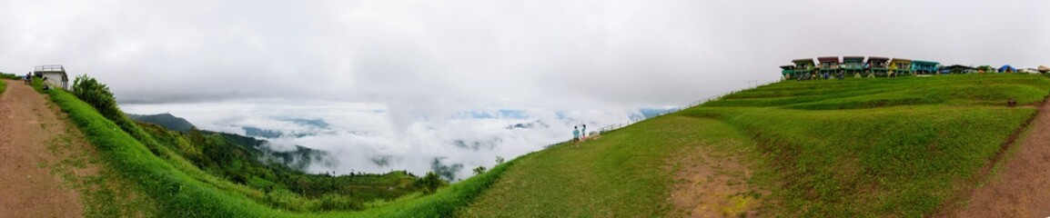 360 panorama mist on high mountain with sunlight