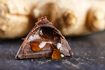 Original chocolate praline candy with liquid salted carame