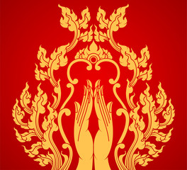 Gold hand with flora pattern vector Thai culture on a red background