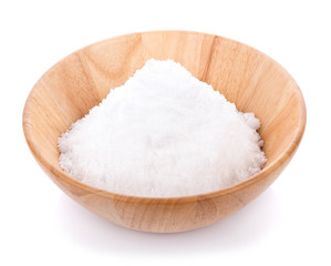 sea salt on wooden bowl isolated on white background