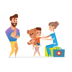 The father is very worried and afraid for his child. An elderly female doctor of a child measures the boy's temperature. Family doctor at home. Isolated white background