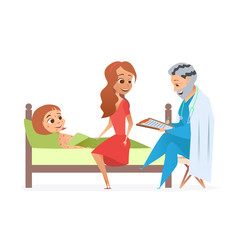 The girl was sick with chickenpox, lying in bed. A gray-haired man prescribes a prescription. Mom sits on the bed next to her daughter. Isolated white background