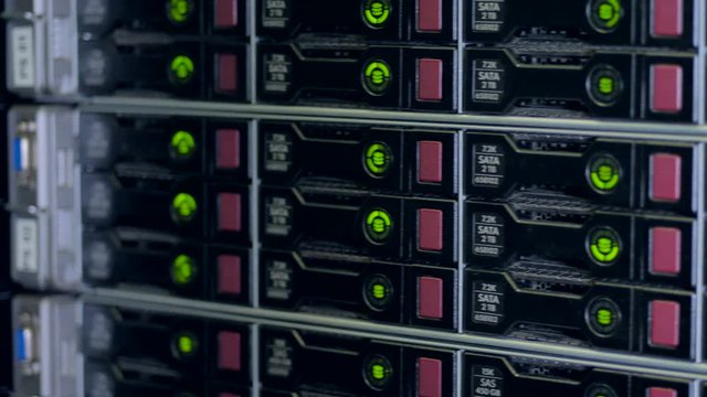 Macro view on many data center hard drives.  