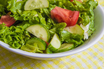 Fresh salad. Tomato, cucumber and greens in white bowl