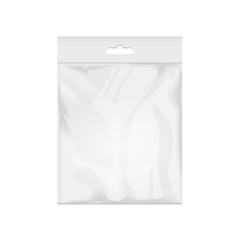 Blank transparent plastic bag template. White packaging with hang slot. Mockup Vector illustration