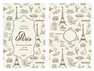 Souvenir card with eiffel tower. Eiffel tower with blooming spring flowers over gray background. Vector illustration.