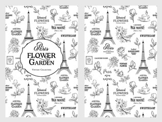 Souvenir card with eiffel tower. Eiffel tower with blooming spring flowers over white background. Vector illustration.