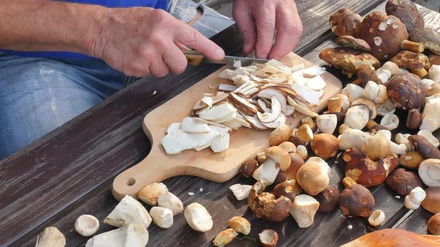 Chop fresh wild mushrooms. Close up shot of hands with a knife cutting mushrooms. Man hand carefully  cut wild mushrooms on a kitchen wooden board 