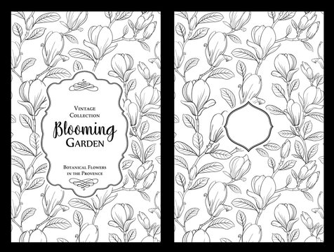 Invitation card with flowers with black frame. Blossom magnolia for you personal cover. Floral theme for book cover. Botanical texture illustration in style of engraving. Vector illustration.