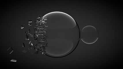 Two balls, one of them broken, with splinters. 3D render