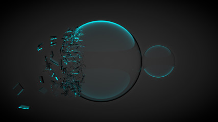 Two balls, one of them broken, with splinters. With blue light. 3D render