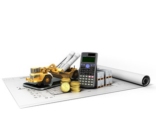 Concept of construction calculations road excavator coins construction materials phone calculator 3d render on white background