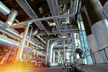 Industrial zone, Steel pipelines and valves - obrazy, fototapety, plakaty