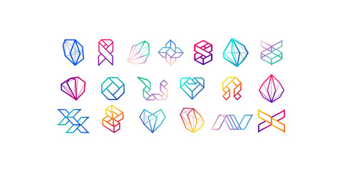 Big Set of minimal geometric multicolor symbol set shapes. Trendy icons and logotypes. Business signs symbols, labels, badges, frames and borders