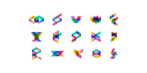 Big Set of minimal geometric multicolor shapes. Trendy hipster icons and logotypes. Business signs symbols, labels, badges, frames and borders