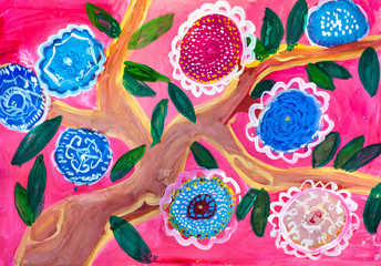 Children's drawing. Tree with round flowers