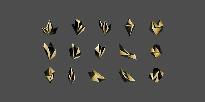 Big Set of minimal geometric dark and gold shapes. Trendy hipster icons and logotypes. Business signs symbols, labels, badges, frames and borders