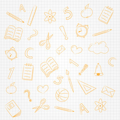 Concept of school background with doodles on checked paper. Vector.