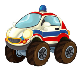 Cartoon funny ambulance car looking like off road vehicle - isolated illustration for children