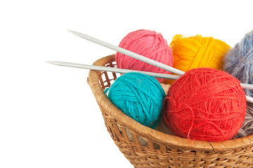 ball of wool and knitting needles in basket
