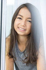Portrait of asian cute girl with smile face .
