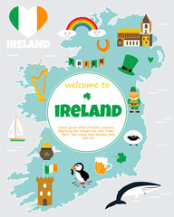 Tourist map of Ireland with landmarks and symbols.