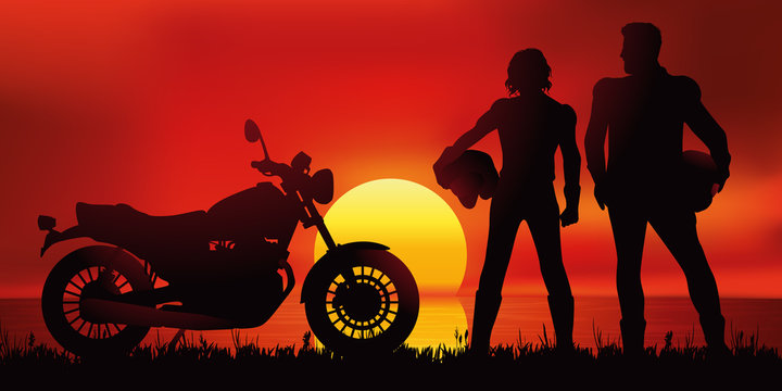 Fototapeta moto - motard - couple - coucher de soleil - liberté -paysage