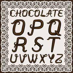 A set of uppercase Latin letters made of  chocolate cream. The font is isolated by a background in a lacy frame. Letters have 3D effect.  Part 2. Vector illustration.