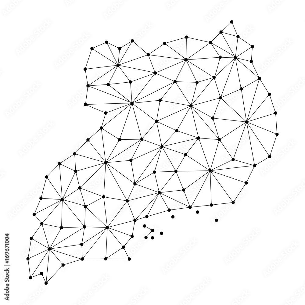Poster uganda map of polygonal mosaic lines network, rays and dots vector illustration.
