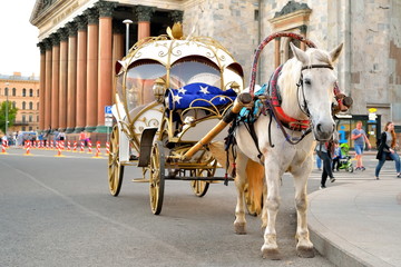 Horse-drawn carriage is on the road against the background of St. Isaac's Cathedral