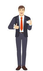 Businessman showing thumb up and showing the business card