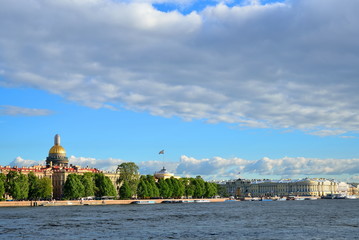 View on the Admiralty embankment and St. Isaac's Cathedral in summer