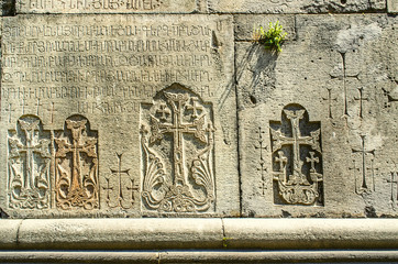 Engraved crosses on the stone wall of the monastery of Haghpat

