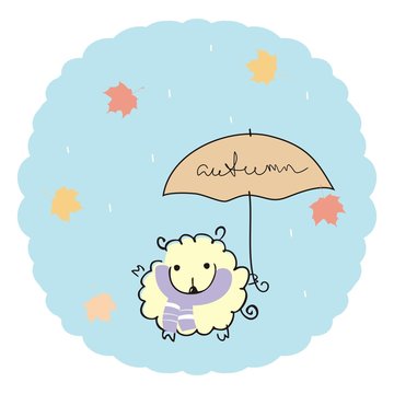 Lamb under an umbrella with a handwritten inscription 