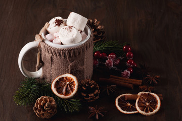 Hot chocolate drink with marshmallows for cold weather. Christmas and new year celebration concept with copy space