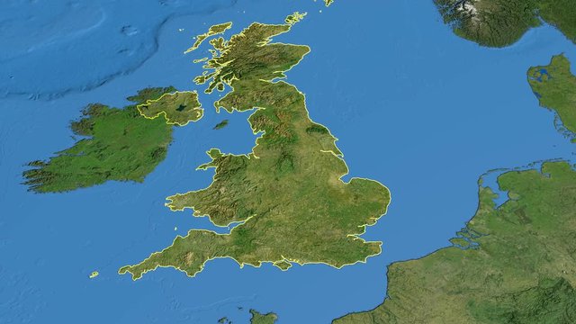 United Kingdom, glide over the satellite map, outlined