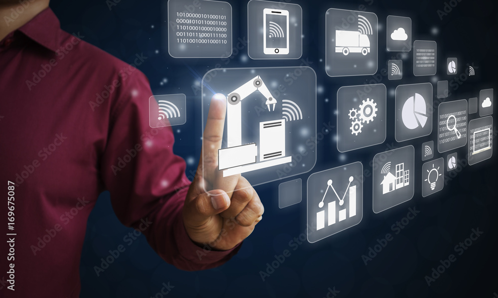 Poster person touching virtual interface smart factory or industry 4.0 concept where internet of things (io